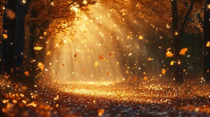 Aufkleber - A serene autumn scene with golden sunlight filtering through trees, casting a warm glow on falling leaves.