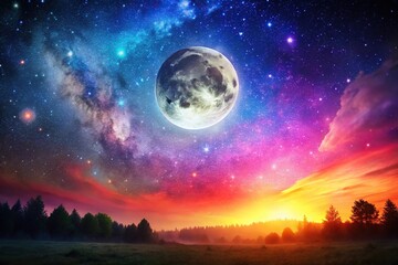 night landscape with moon and stars viewed up close