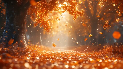 Poster - A serene autumn scene with golden leaves swirling in the air, sunlight filtering through trees, creating a magical, tranquil atmosphere.
