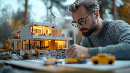 Aufkleber - A man is drawing a house with a car and a taxi in front of it