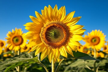 Wall Mural - Vast field of sunflowers stretching toward the horizon, with bright yellow petals facing the sun and a clear blue sky above