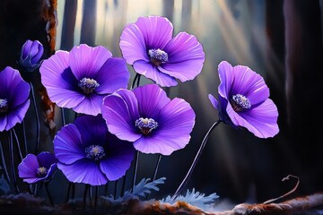 Poster - Watercolor painting of purple archangel flowers in a forest clearing, with dappled sunlight filtering through the trees and the flowers glowing softly in the light