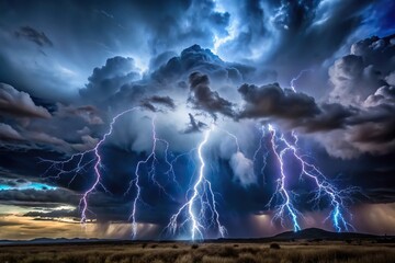 Night storm with dark cloud, thunder and lightning, heavy rain in summer reflected