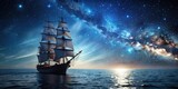 Night time ocean scene with ship sailing, stars in sky