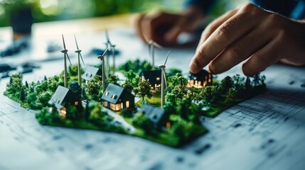 Poster - A hand is touching a model of a town with houses and windmills