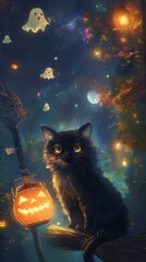 A playful black cat sitting on a glowing broomstick, with a pumpkin lantern and tiny ghosts floating in a magical night sky.