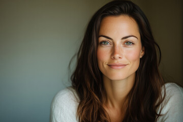 A woman with long hair smiles warmly, displaying a natural look against a neutral background