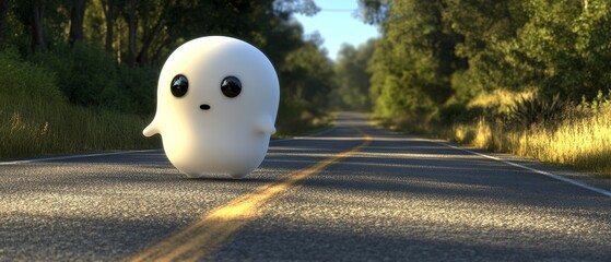 A small white ghost is walking down a road