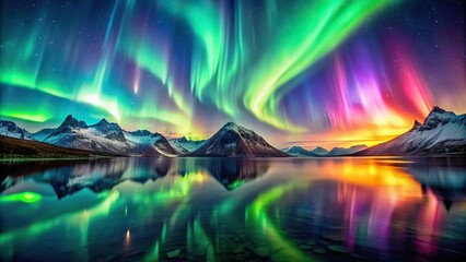 Wall Mural - northern light scene with colorful lights and mountains reflected in water