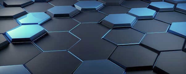 Modern hexagonal pattern design with blue accents in a sleek surface layout