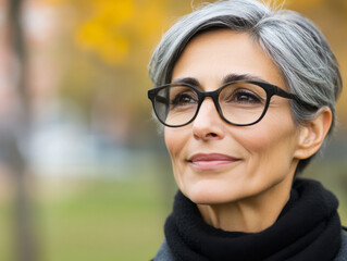 A woman with gray hair and glasses enjoying a sunny autumn day in the park with a calm expression