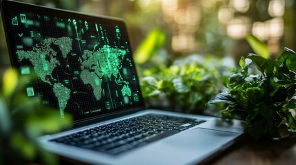 Poster - A laptop screen shows a green world with a green background