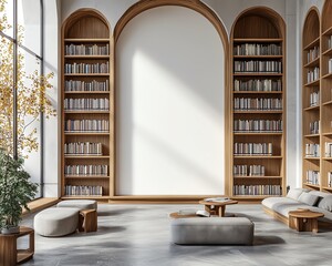 Modern public library interior with minimalist design, blank white wall template for art display, wooden bookshelves, and sleek furniture, 3D rendering