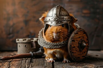 Guinea pig warrior: armor and shield fantasy animal portrait