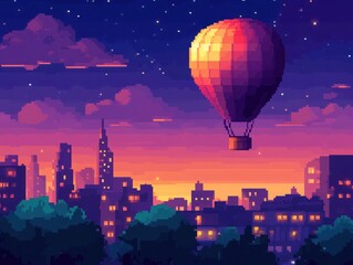 A pixelated hot air balloon floats above a city skyline at sunset with a starry sky above.