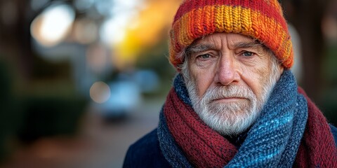 Man wearing a black hat and a gray coat is smiling. He is looking at the camera. middle-aged man on a street, he has experienced homelessness