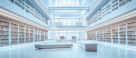 Contemporary public library interior with an open gallery area, empty walls for exhibits, stylish lighting, and organized reading spaces, 3D rendering