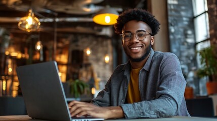 Aufkleber - A young man is sitting at a table with a laptop in front of him