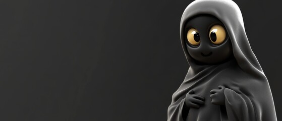 A cartoon character with a hooded cape and a smile on its face