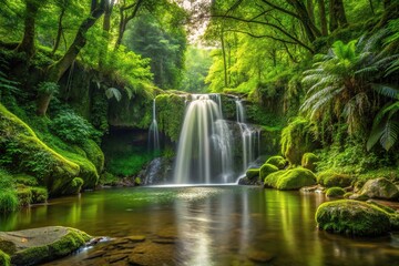 Tiny waterfall in forest with green environment