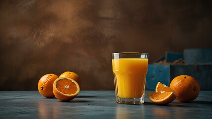 orange juice in a glass and a bottle along with orange segments set against a brown blue concrete background with copyspace.