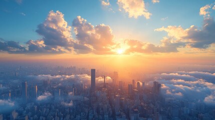 The sun is setting over a city with a large building in the foreground