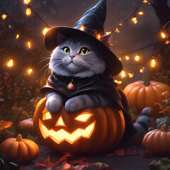 A fat cat dressed as a witch is sitting on a pumpkin. There are fairy lights all around, brightening up the garden. The cat has a big witch hat and glowing black fur.