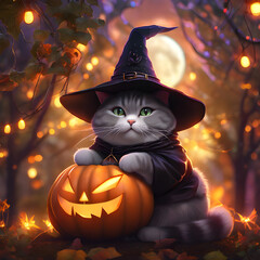 A fat cat dressed as a witch is sitting on a pumpkin. There are fairy lights all around, brightening up the garden. The cat has a big witch hat and glowing black fur.