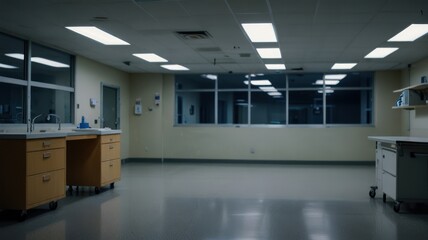 Empty science lab with two lab stations and large windows.