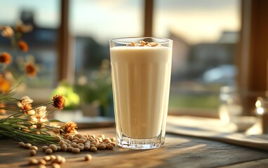 Refreshing glass of soy milk, highlighting its role as a vegan nutrition drink for healthy breakfasts, emphasizing organic ingredients and protein content