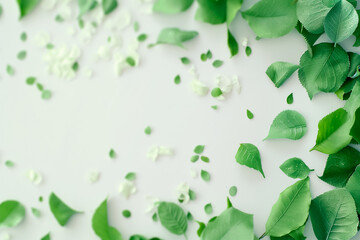 Canvas Print - An array of green leaves, varying in shapes and sizes, is elegantly scattered across a pristine white surface, evoking feelings of nature and tranquility