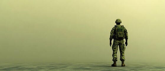 A soldier stands in a desert with a backpack on