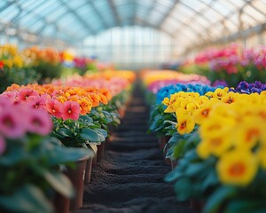 Colorful rows of flowers and plants in pots inside a large greenhouse, showcasing the beauty of horticulture and the flourishing botanical business