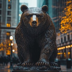 majestic bear statue in urban financial district: symbol of market strength and economic resilience.