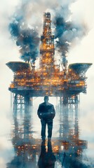 Oil platform offshore with corporate executives close up, focus on, copy space Strong lighting and metallic tones, Double exposure silhouette with energy extraction