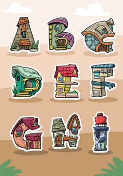ABC Print illustration house letter alphabet Learning the alphabet and literally in kindergarten Alphabet letters isolated Vector kids font Cartoon house font Adorable vector baby font letters