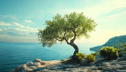 Beautiful olive tree flourishing in the Mediterranean landscape of Spain, showcasing vibrant green leaves and branches against a stunning sea background