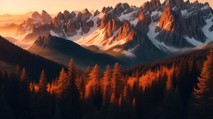 Illustration beautiful aerial view of  natural forest along the coast at sunset on the background of mountains in dolomites and sky high quality design.