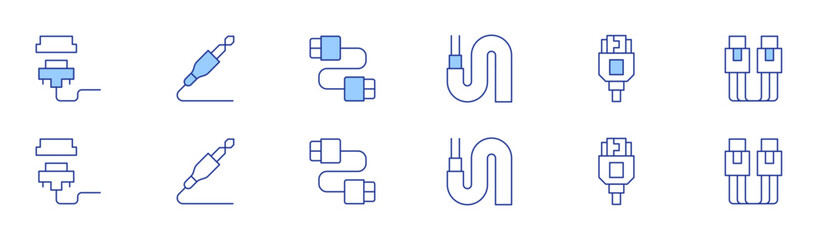 Cable icon set in two styles, Duotone and Thin Line style. Editable stroke. optical fiber, vga cable, hdmi cable, audio cable, cable