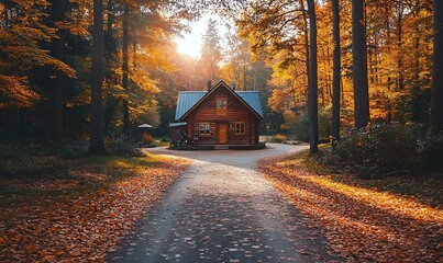 Poster - A serene cabin nestled in a forest during autumn, surrounded by vibrant orange and yellow leaves, illuminated by soft sunlight.
