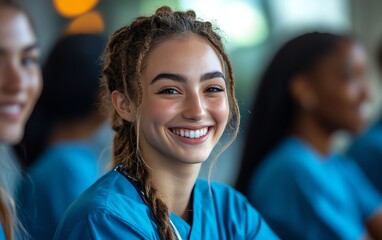 Group of diverse medical student nurses in training at college, showcasing teamwork and collaboration in a healthcare education setting