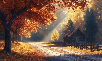Poster - A serene autumn landscape featuring vibrant orange foliage, a sunlit path, and a rustic cabin, evoking a peaceful countryside atmosphere.