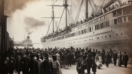 Black-and-white photograph depicting the arrival of immigrants in a historical context