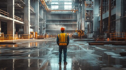 Poster - A man in a yellow vest stands in a large, empty building