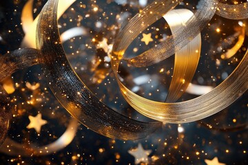 Sticker - A mesmerizing composition of golden ribbons and sparkling stars, perfect for festive celebrations and joyful events.