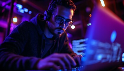 Poster - Dedicated programmer analyzing code on a laptop, illustrating the role of a cybersecurity expert in defending against malware and network threats