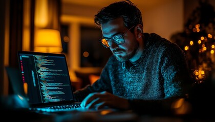 Poster - Dedicated programmer analyzing code on a laptop, illustrating the role of a cybersecurity expert in defending against malware and network threats