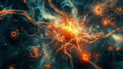 Poster - A colorful, glowing brain with many small orange dots surrounding it