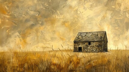 Ancient stone barn amidst vast fields of wheat