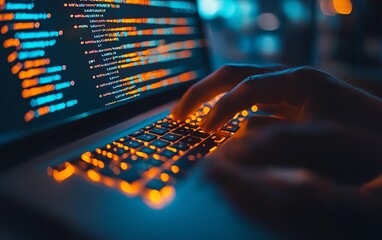 Poster - Skilled man coding for cybersecurity, highlighting networking solutions and strategies for combating malware in a modern tech environment